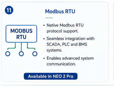 Modbus RTU on RS-485. Native Modbus RTU over RS-485 for seamless integration with SCADA, PLC, and BMS systems.