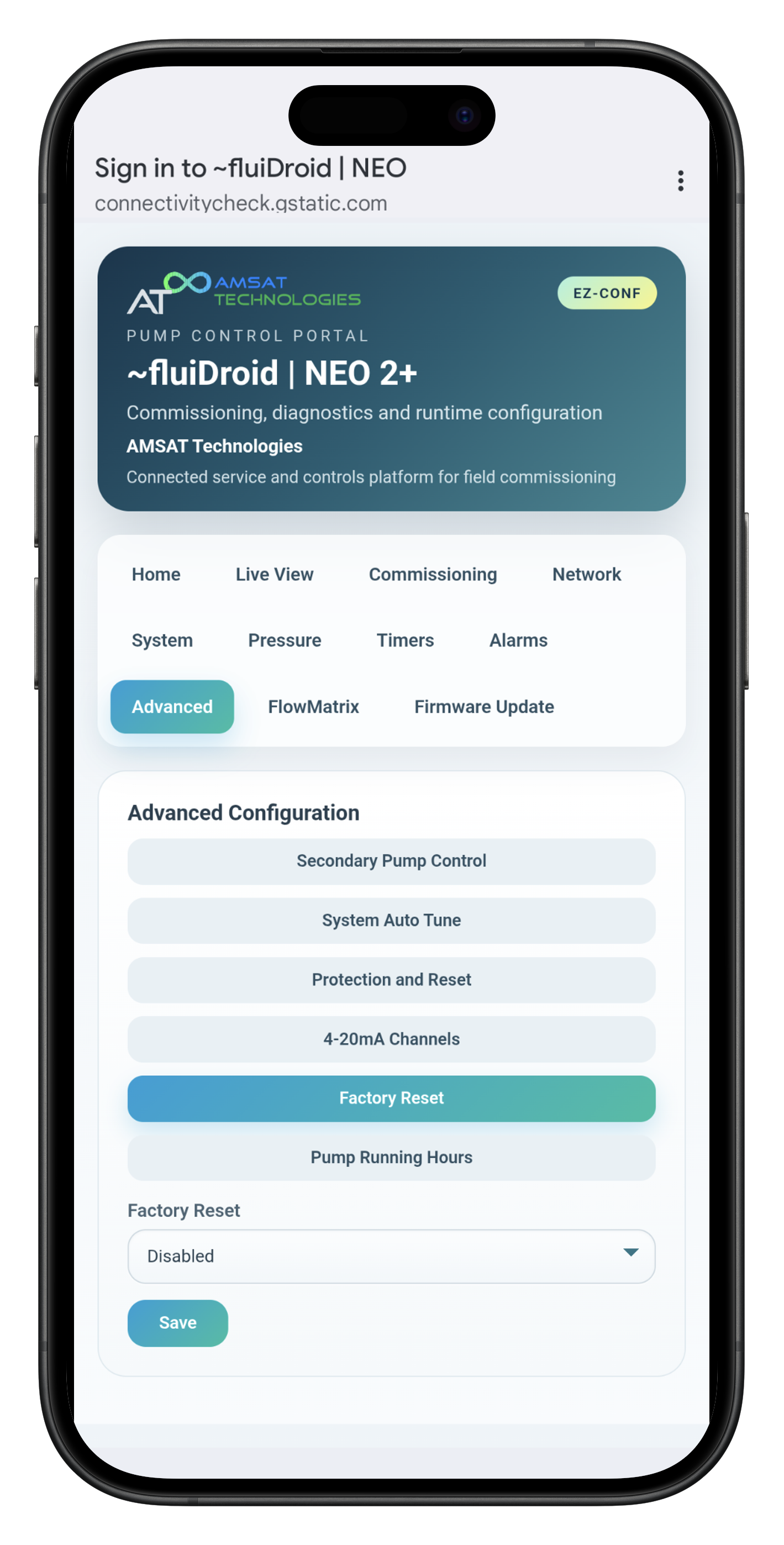 Captive portal Advanced Configuration including factory reset and protection options.